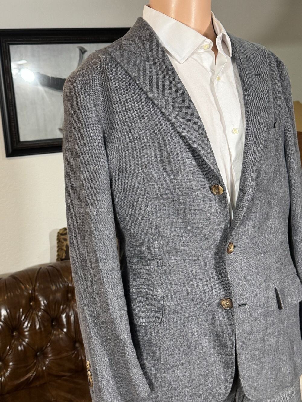Brunello Cucinelli Peak Lapel W Linen Silk Blazer Sportcoat Steel Blue 50 40S US